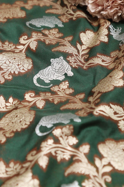 Green Banarasi Silk Shikargah Animal And Flower Design Fabric