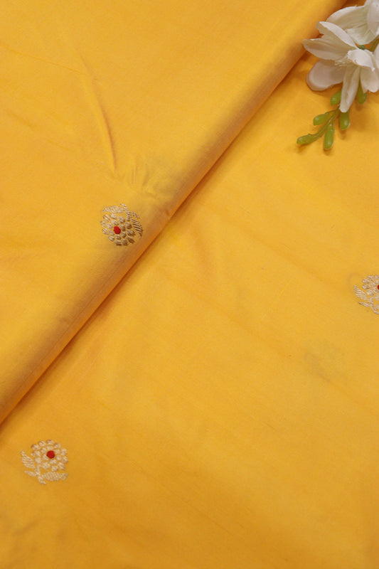 Yellow Banarasi Pure Katan Silk Booti Design Fabric ( 1 Mtr ) - Luxurion World