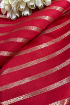 Red Banarasi Handloom Pure Silk Stripes Design Fabric ( 1 Mtr ) - Luxurion World