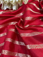 Red Banarasi Handloom Pure Silk Stripes Design Fabric ( 1 Mtr ) - Luxurion World
