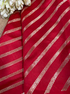 Red Banarasi Handloom Pure Silk Stripes Design Fabric ( 1 Mtr ) - Luxurion World