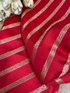 Red Banarasi Handloom Pure Silk Stripes Design Fabric ( 1 Mtr ) - Luxurion World