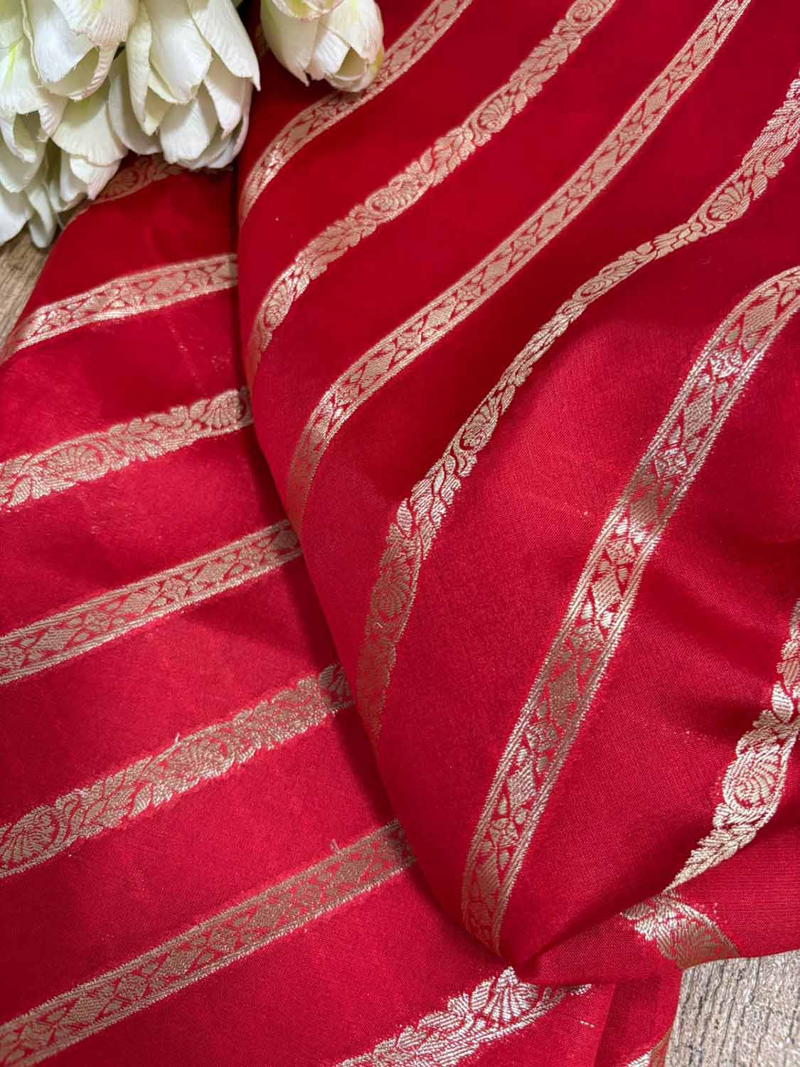 Red Banarasi Handloom Pure Silk Stripes Design Fabric ( 1 Mtr ) - Luxurion World