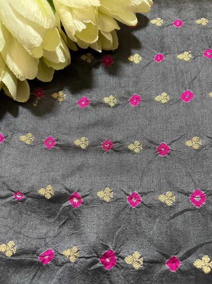Elegant Grey Banarasi Bandhani Handloom Chiniya Silk Fabric ( 1 Mtr ) - Luxurion World