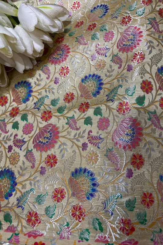 Multicolor Banarasi Handloom Pure Silk Fabric (1 Mtr ) - Luxurion World