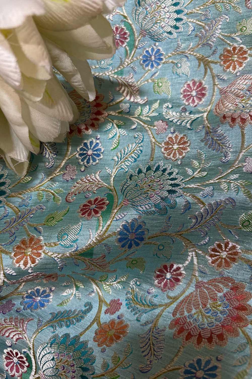 Blue Banarasi Pure Silk Fabric ( 1 Mtr ) - Luxurion World