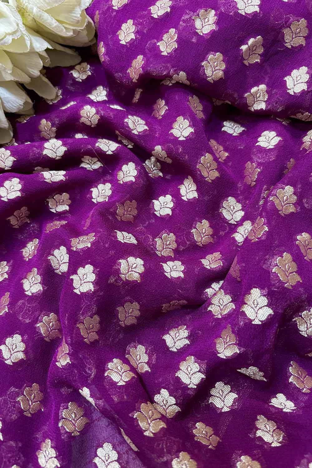 Exquisite Purple Banarasi Pure Georgette Fabric ( 1 Mtr ) - Luxurion World