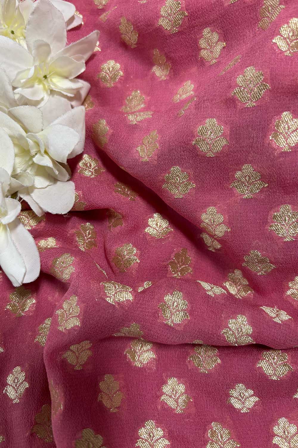 Pretty in Pink: Banarasi Pure Georgette Fabric (1 Mtr) - Luxurion World
