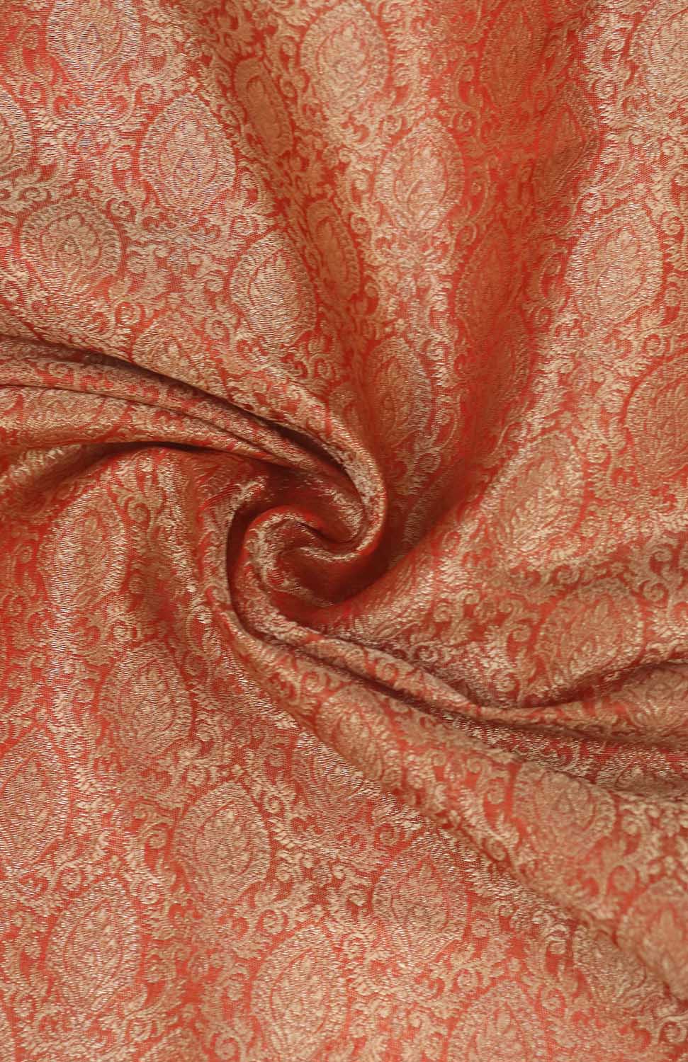 Reddish Orange Banarasi Brocade Silk Fabric ( 1 Mtr ) - Luxurion World
