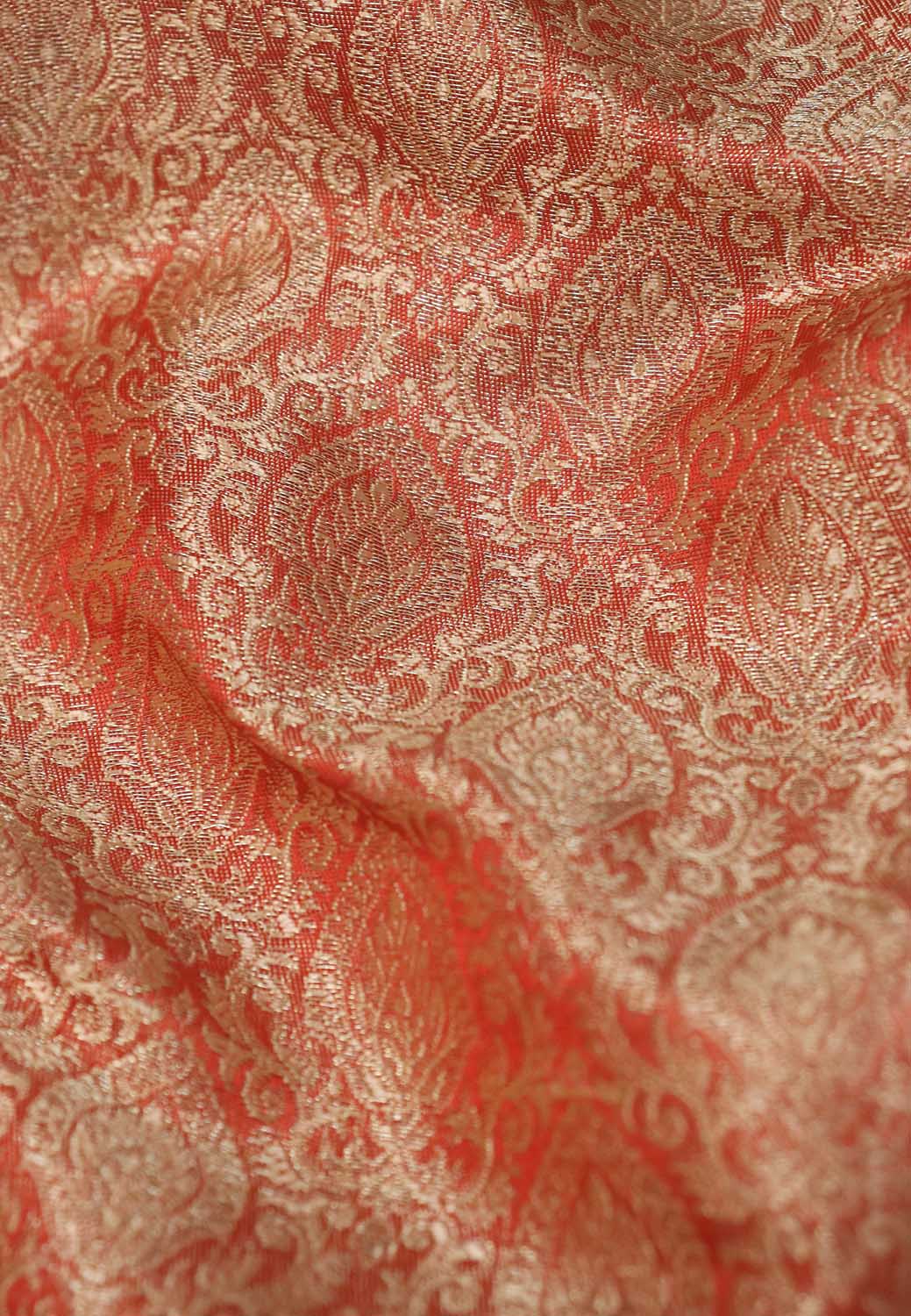 Reddish Orange Banarasi Brocade Silk Fabric ( 1 Mtr ) - Luxurion World