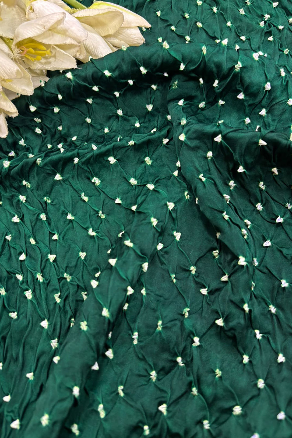 Green Bandhani Modal Silk Fabric Handcrafted Festive ( 2.5 Mtr )