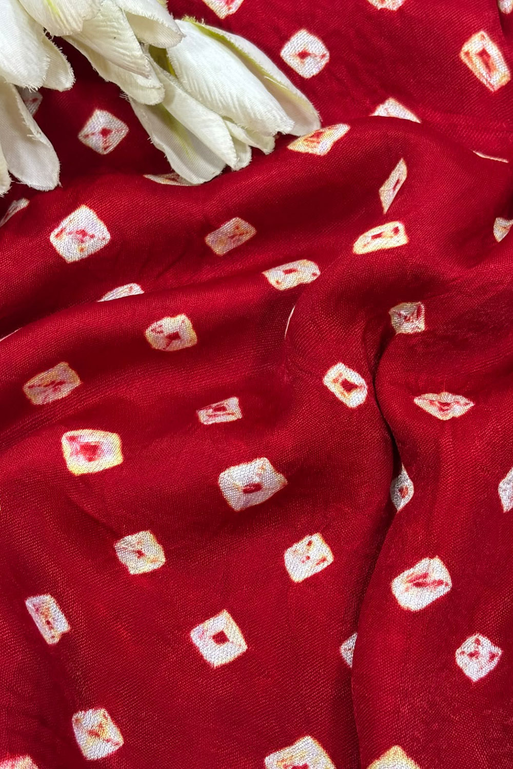 Red Bandhani Modal Silk Fabric Handcrafted Festive ( 2.5 Mtr )