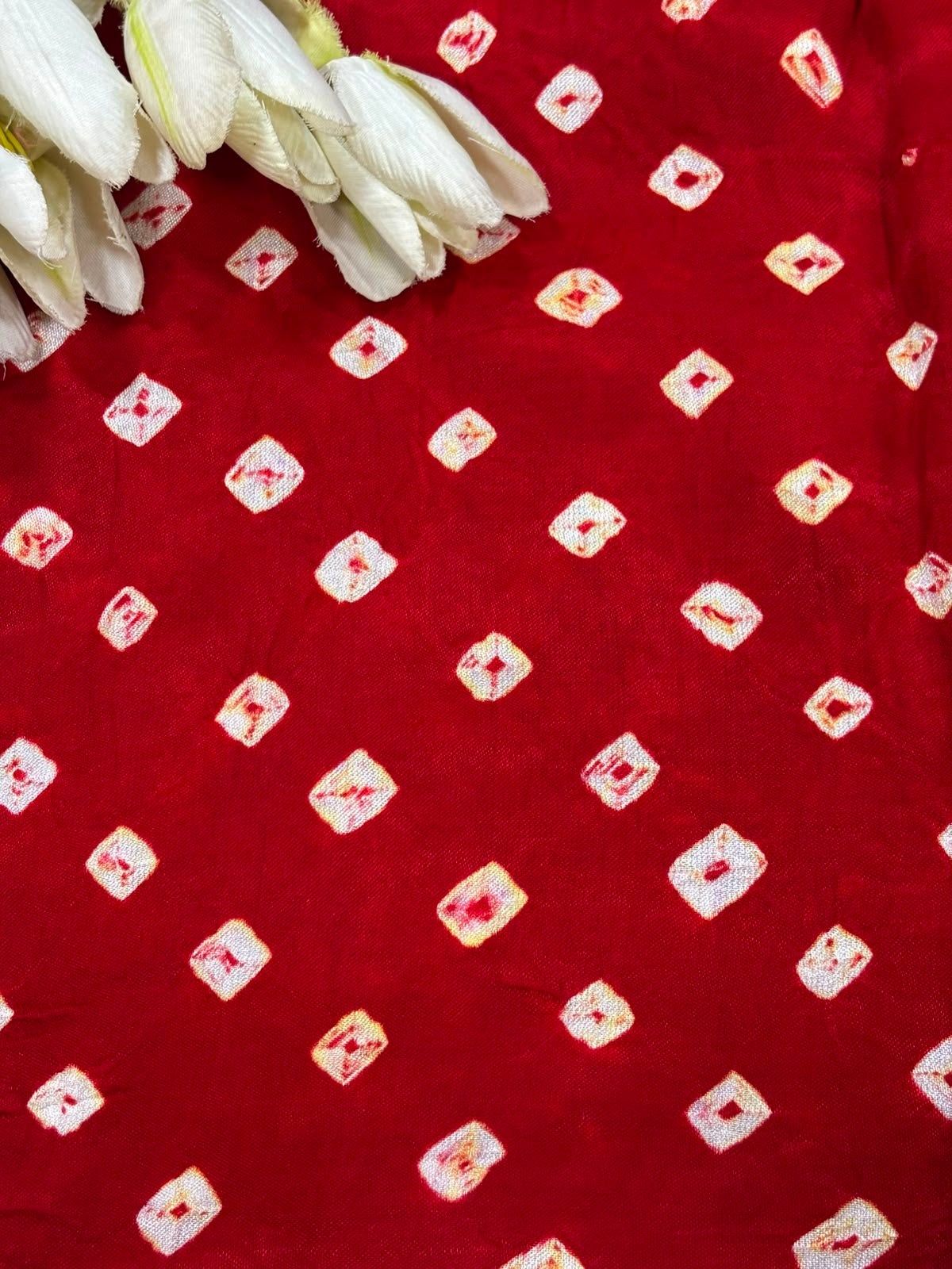 Red Bandhani Modal Silk Fabric Handcrafted Festive ( 2.5 Mtr )
