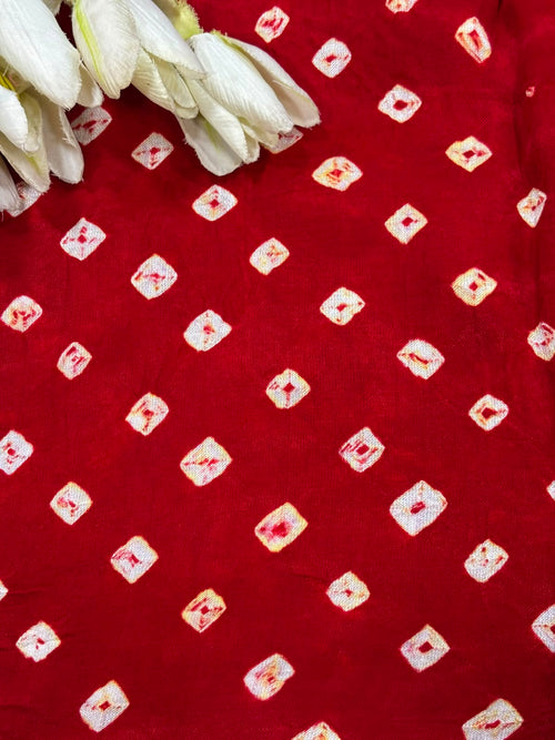 Red Bandhani Modal Silk Fabric Handcrafted Festive ( 2.5 Mtr )