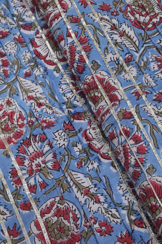 Stunning Blue Block Printed Cotton Fabric with Gota Work - 1 Mtr
