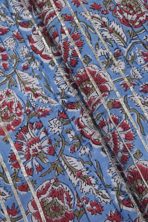 Stunning Blue Block Printed Cotton Fabric with Gota Work - 1 Mtr - Luxurion World
