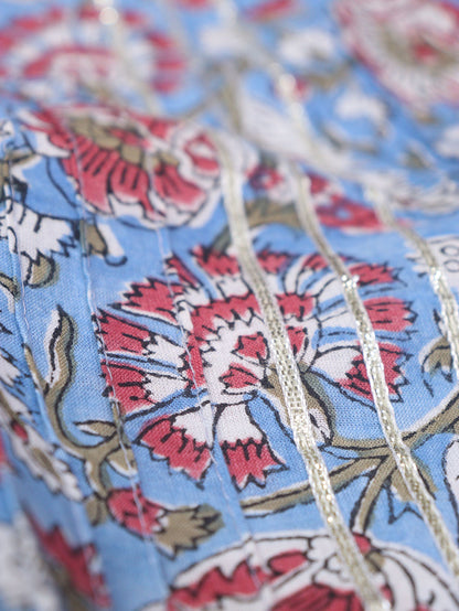 Stunning Blue Block Printed Cotton Fabric with Gota Work - 1 Mtr - Luxurion World