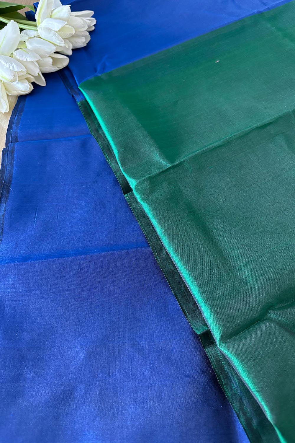 Blue And Green Pure Chanderi Silk Handloom Kurti Fabric - Luxurion World