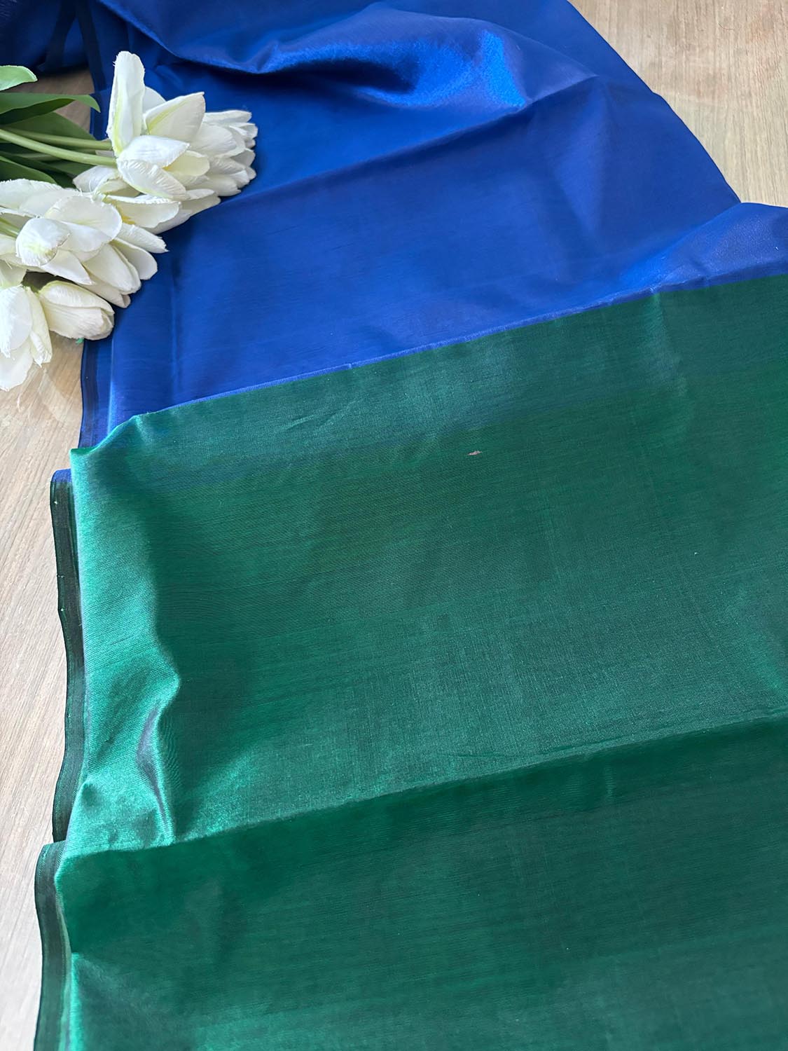 Blue And Green Pure Chanderi Silk Handloom Kurti Fabric - Luxurion World