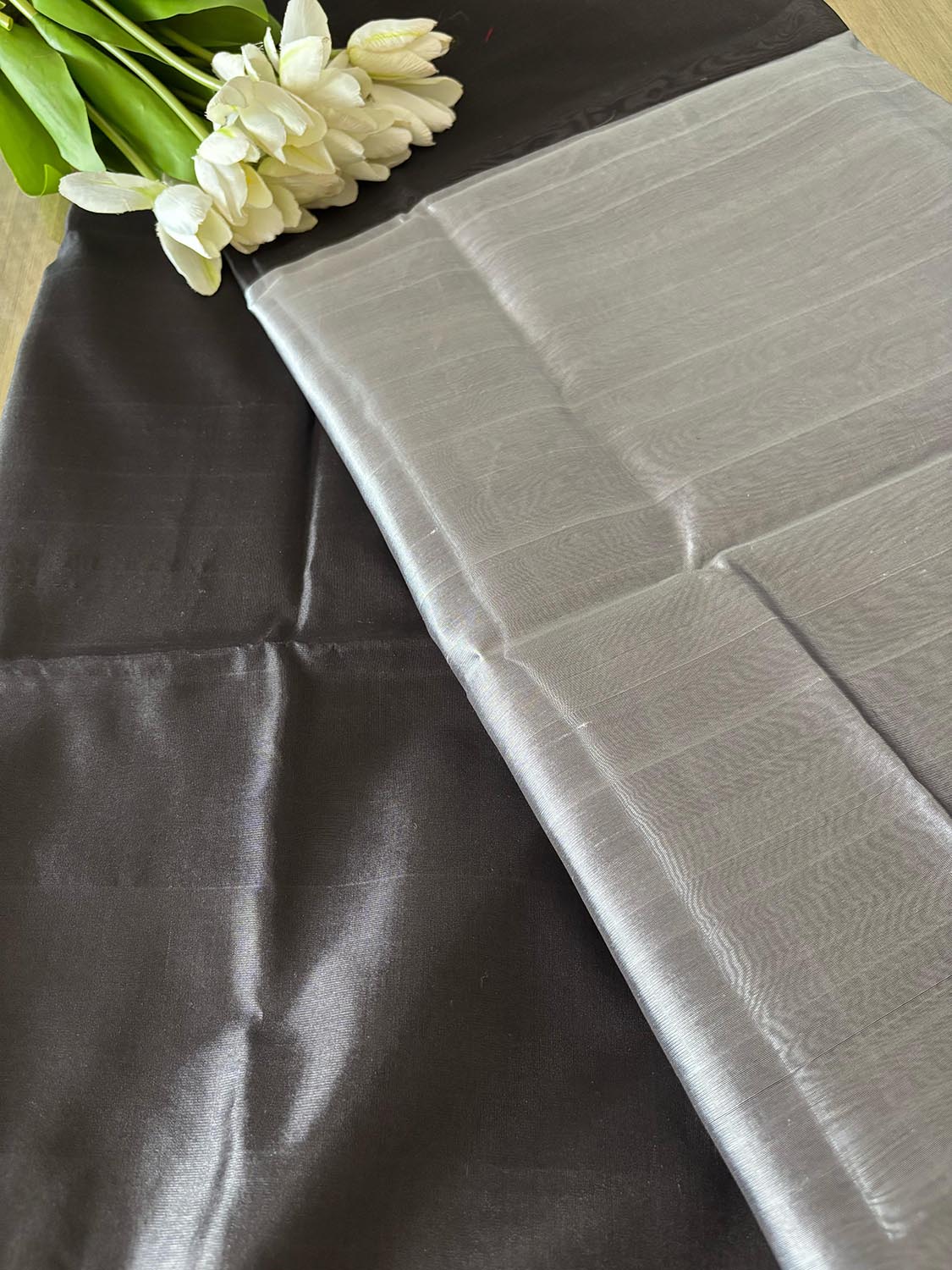 Black And Silver Pure Chanderi Silk Handloom Kurti Fabric - Luxurion World