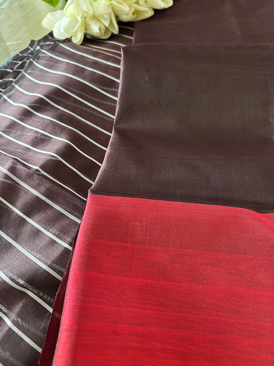 Brown And Red Pure Chanderi Silk Handloom Kurti Fabric - Luxurion World
