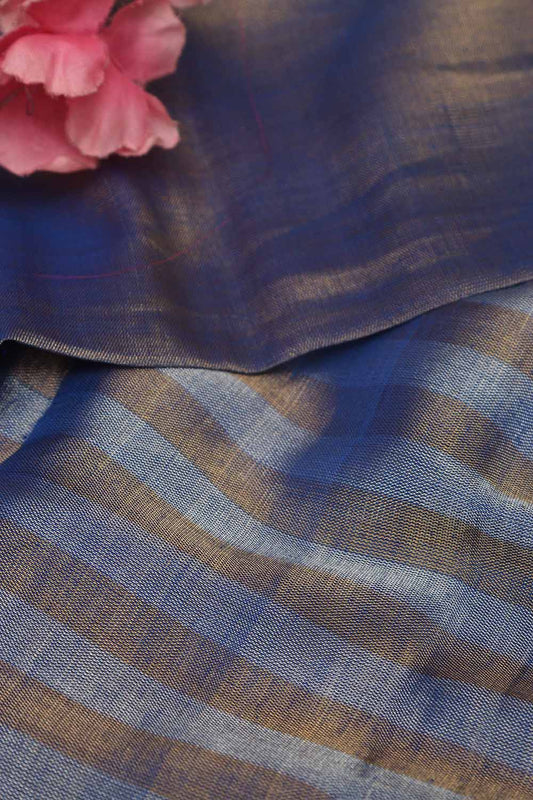 Golden And Blue Handloom Chanderi Pure Tissue Silk Fabric ( 1 Mtr ) - Luxurion World