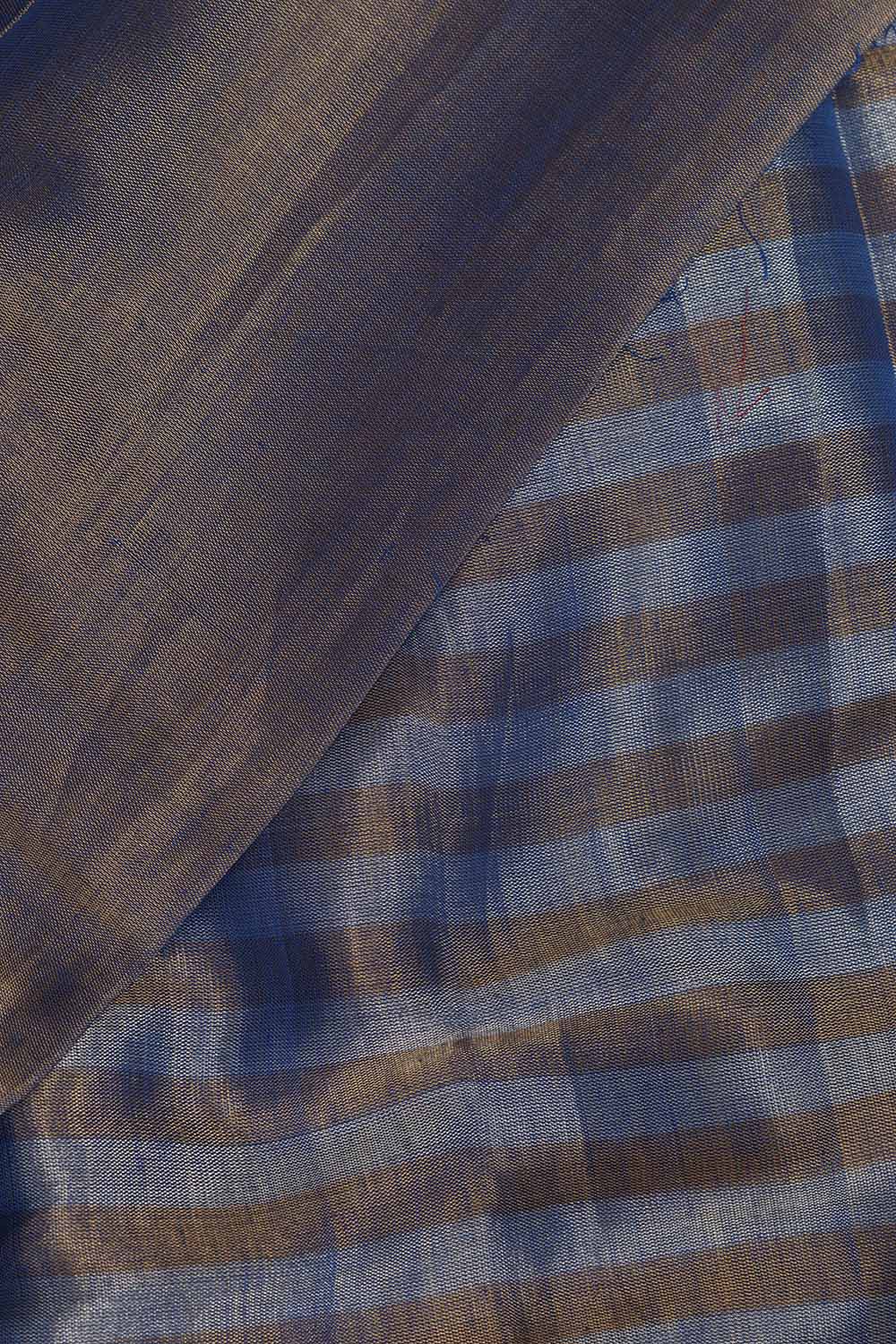 Golden And Blue Handloom Chanderi Pure Tissue Silk Fabric ( 1 Mtr ) - Luxurion World