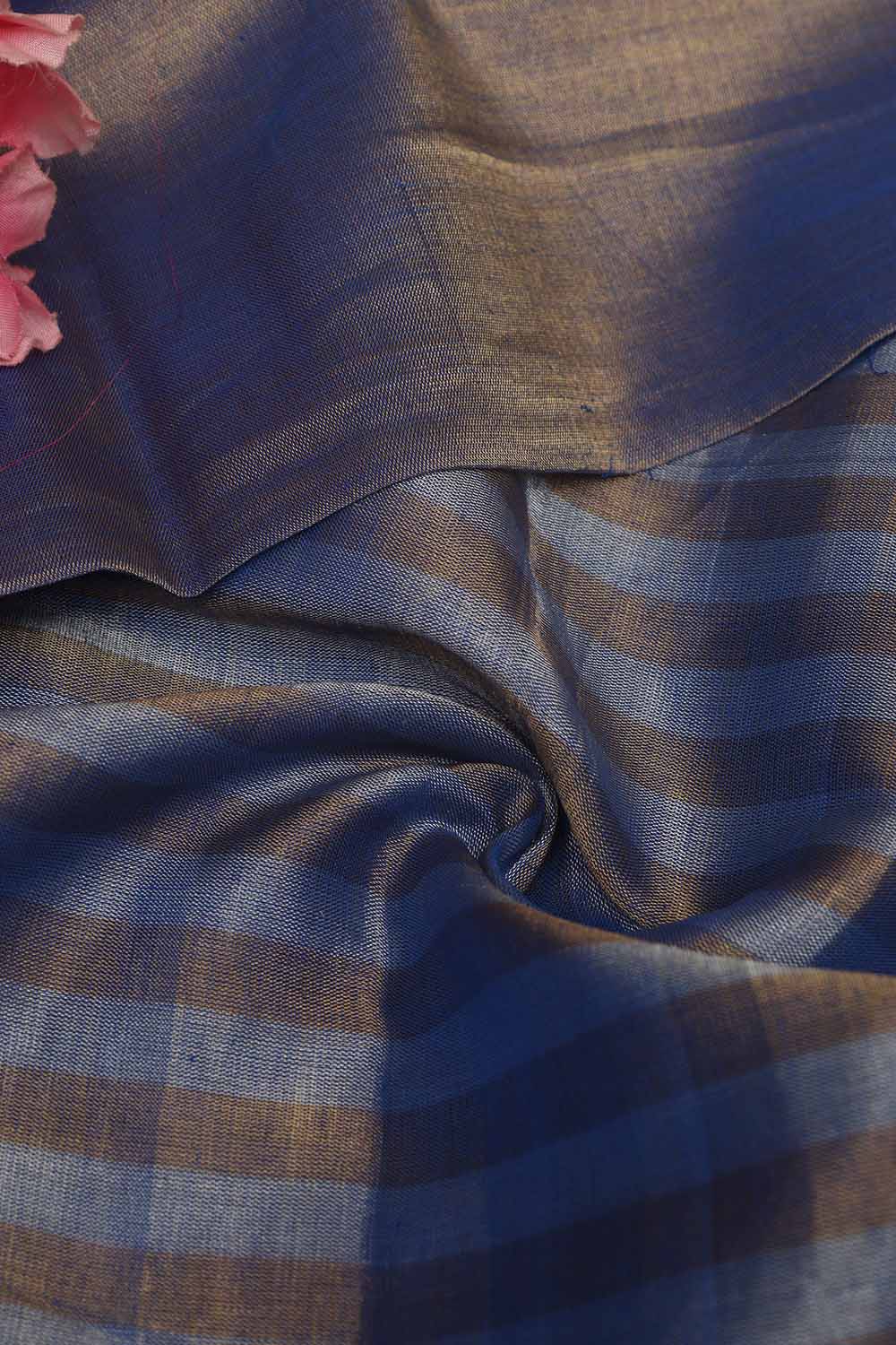 Golden And Blue Handloom Chanderi Pure Tissue Silk Fabric ( 1 Mtr ) - Luxurion World