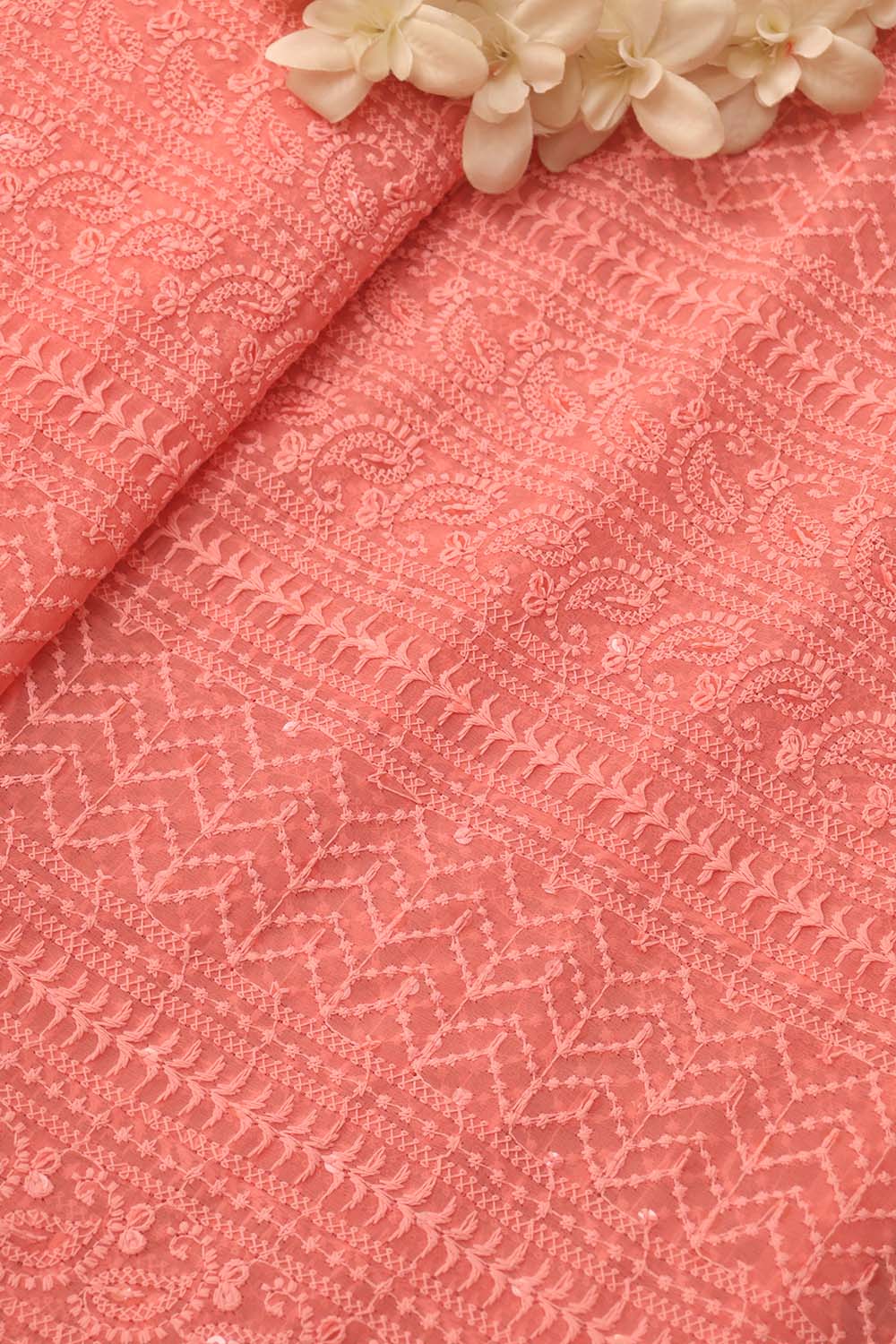 Peach Chikankari Embroidered Georgette Fabric ( 1 Mtr ) - Luxurion World