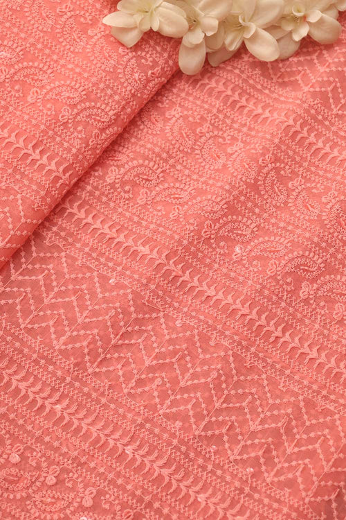 Peach Chikankari Embroidered Georgette Fabric ( 1 Mtr ) - Luxurion World
