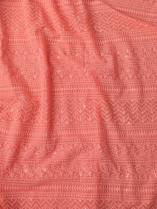 Peach Chikankari Embroidered Georgette Fabric ( 1 Mtr ) - Luxurion World