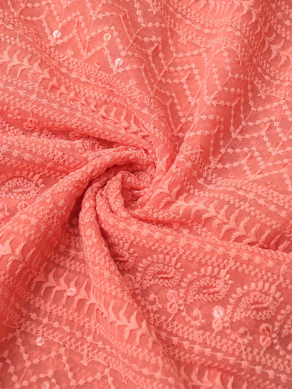 Peach Chikankari Embroidered Georgette Fabric ( 1 Mtr ) - Luxurion World