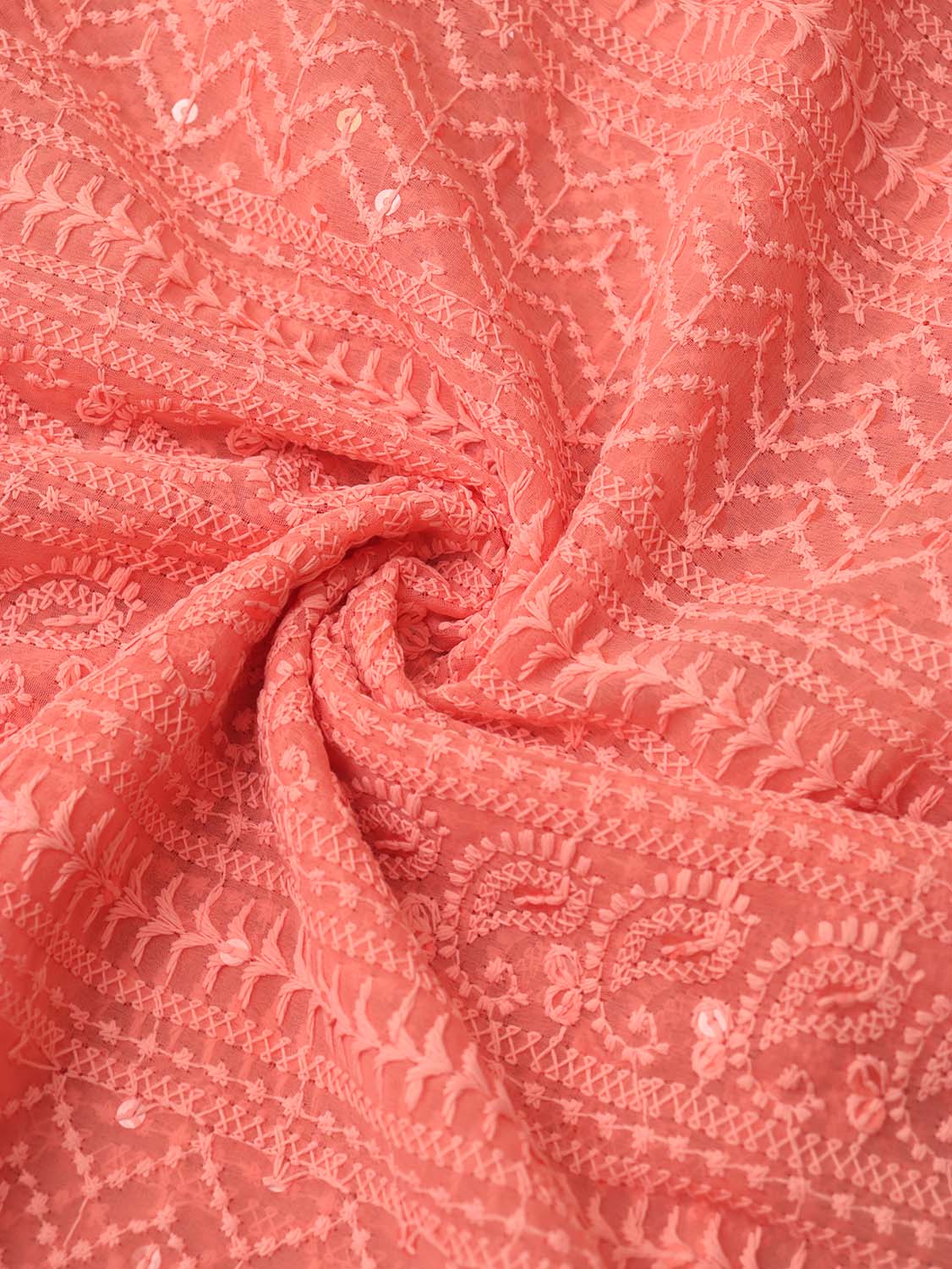 Peach Chikankari Embroidered Georgette Fabric ( 1 Mtr ) - Luxurion World