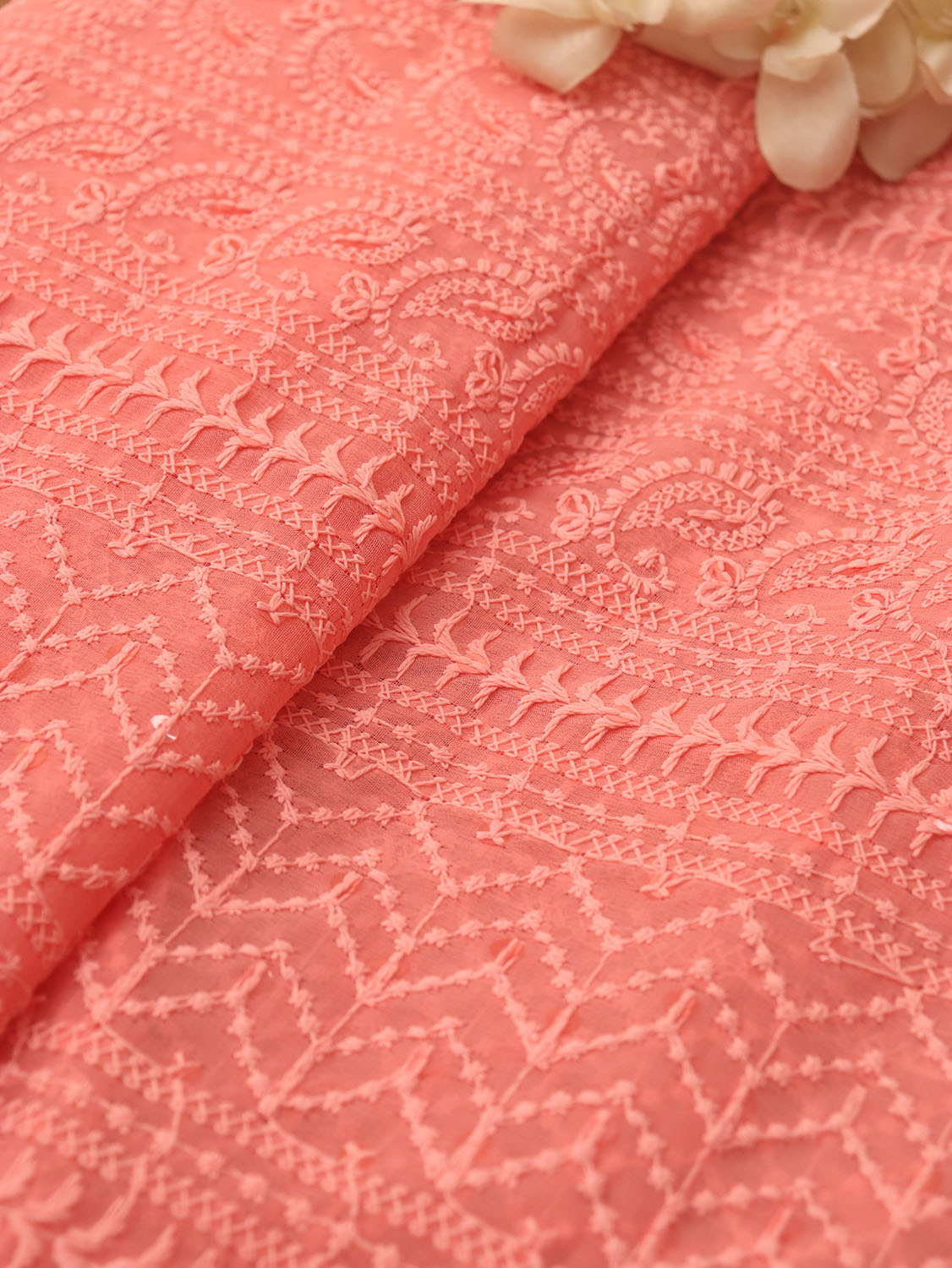 Peach Chikankari Embroidered Georgette Fabric ( 1 Mtr ) - Luxurion World