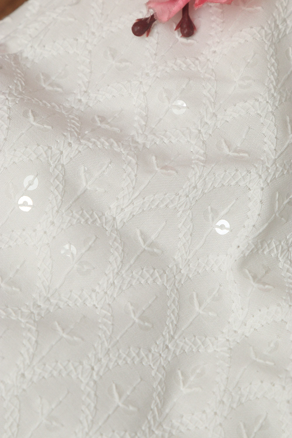 Elegant White Chikankari Cotton Sequins Work Fabric ( 1 Mtr ) - Luxurion World