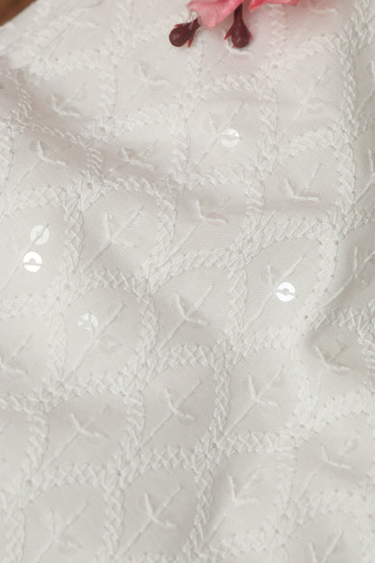 Elegant White Chikankari Cotton Sequins Work Fabric ( 1 Mtr ) - Luxurion World