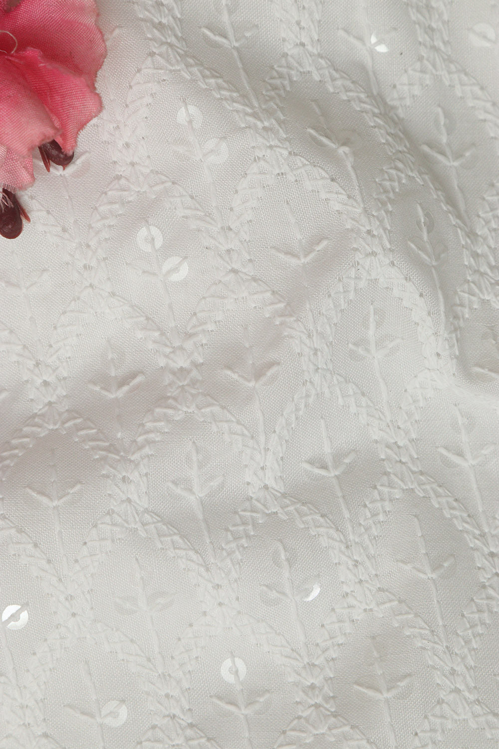 Elegant White Chikankari Cotton Sequins Work Fabric ( 1 Mtr ) - Luxurion World