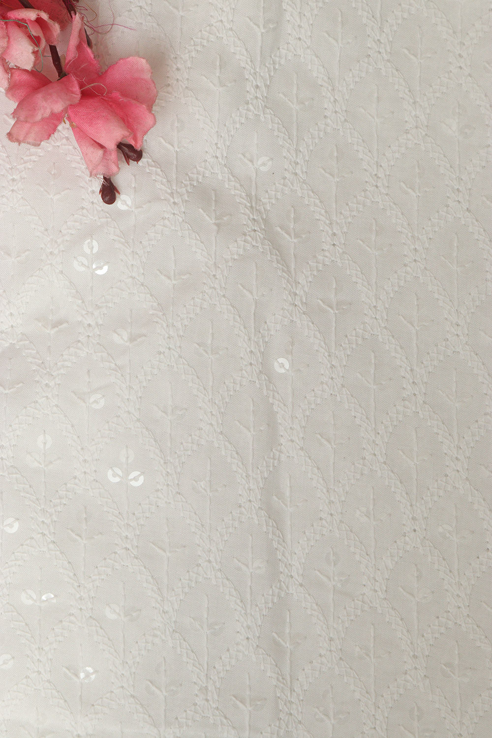 Elegant White Chikankari Cotton Sequins Work Fabric ( 1 Mtr ) - Luxurion World