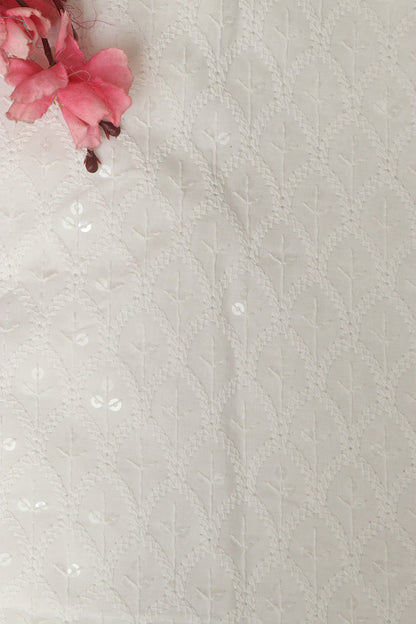 Elegant White Chikankari Cotton Sequins Work Fabric ( 1 Mtr ) - Luxurion World