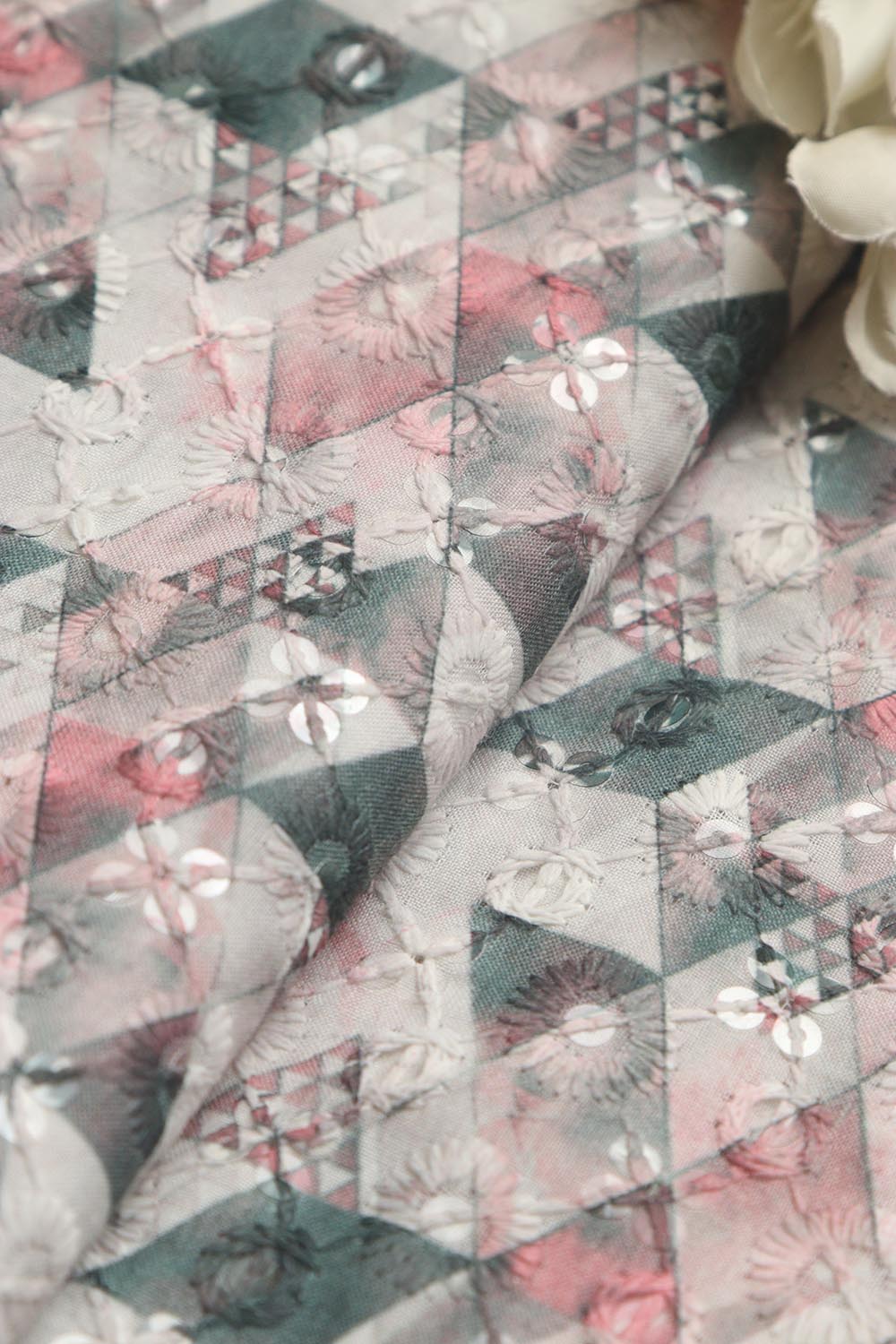 Pastel Digital Printed Chikankari Cotton Sequins Work Fabric ( 1 Mtr ) - Luxurion World