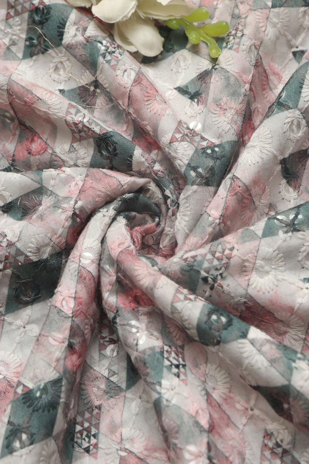 Pastel Digital Printed Chikankari Cotton Sequins Work Fabric ( 1 Mtr ) - Luxurion World