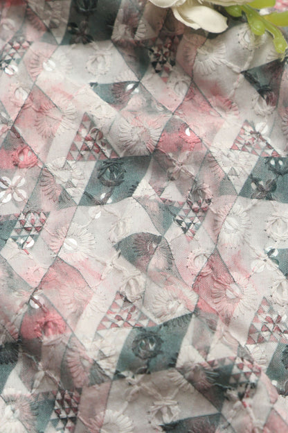 Pastel Digital Printed Chikankari Cotton Sequins Work Fabric ( 1 Mtr ) - Luxurion World