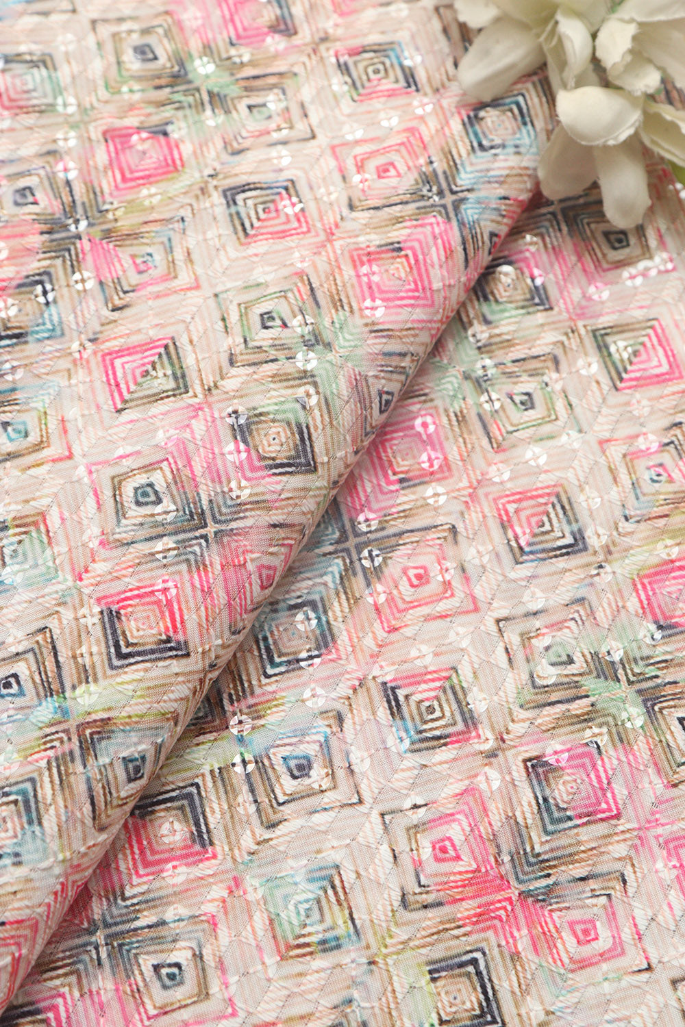 Pastel Pink Digital Printed Chikankari Cotton Sequins Work Fabric ( 1 Mtr ) - Luxurion World