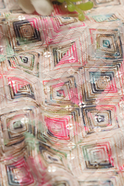 Pastel Pink Digital Printed Chikankari Cotton Sequins Work Fabric ( 1 Mtr ) - Luxurion World