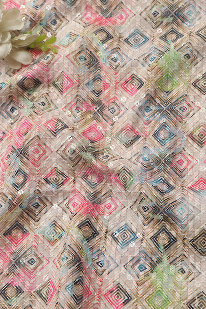 Pastel Pink Digital Printed Chikankari Cotton Sequins Work Fabric ( 1 Mtr ) - Luxurion World