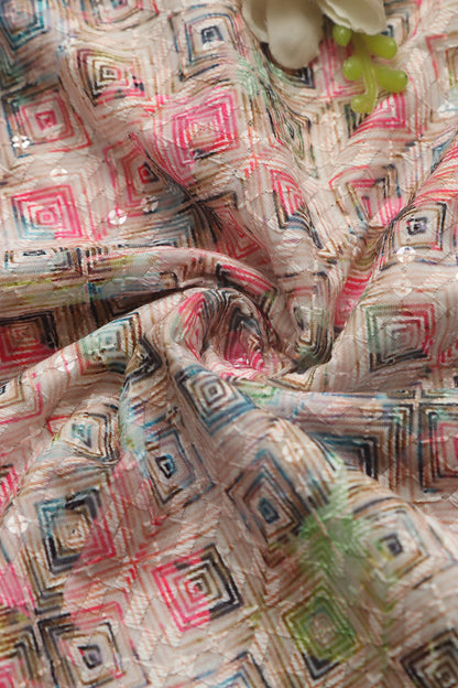 Pastel Pink Digital Printed Chikankari Cotton Sequins Work Fabric ( 1 Mtr ) - Luxurion World