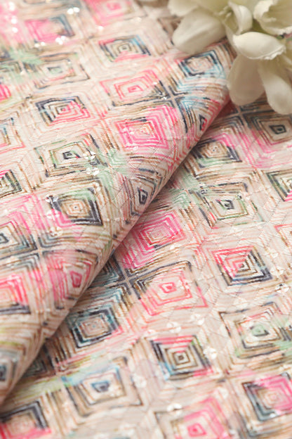 Pastel Pink Digital Printed Chikankari Cotton Sequins Work Fabric ( 1 Mtr ) - Luxurion World