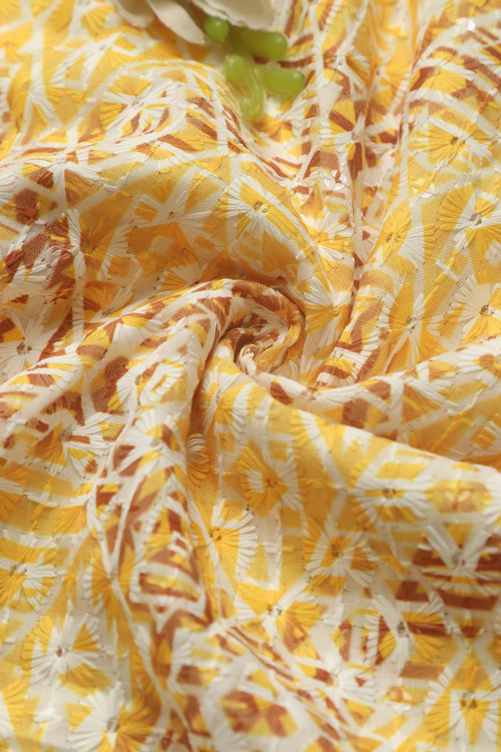 Yellow Digital Printed Chikankari Cotton Sequins Work Fabric ( 1 Mtr ) - Luxurion World