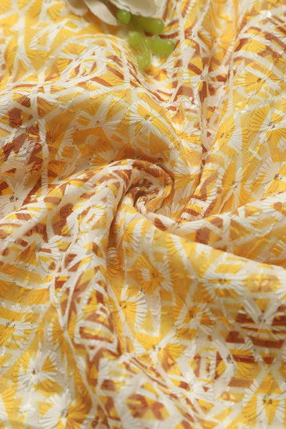 Yellow Digital Printed Chikankari Cotton Sequins Work Fabric ( 1 Mtr ) - Luxurion World