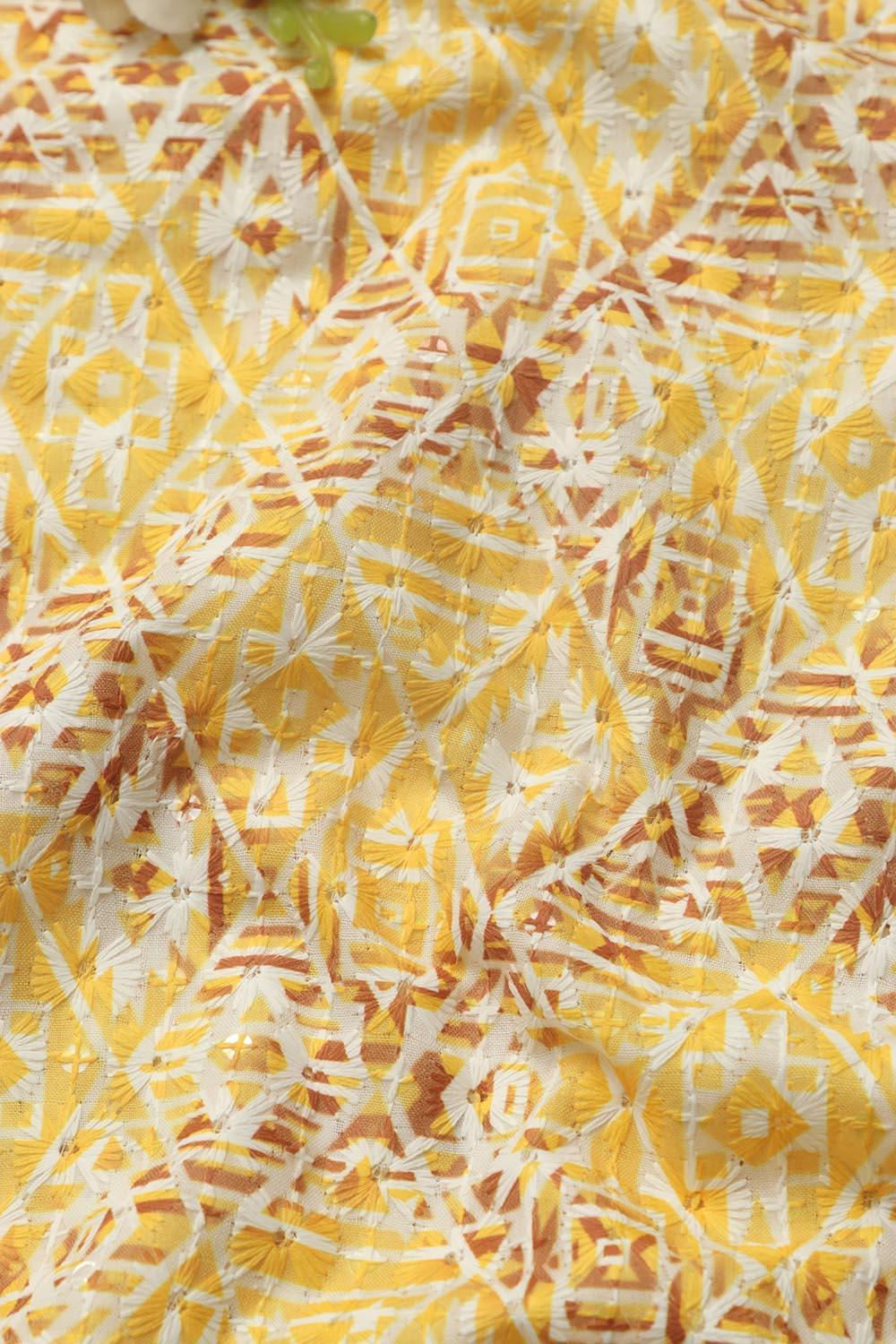 Yellow Digital Printed Chikankari Cotton Sequins Work Fabric ( 1 Mtr ) - Luxurion World